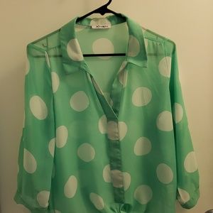 Sheer sea green blouse with white polka dots